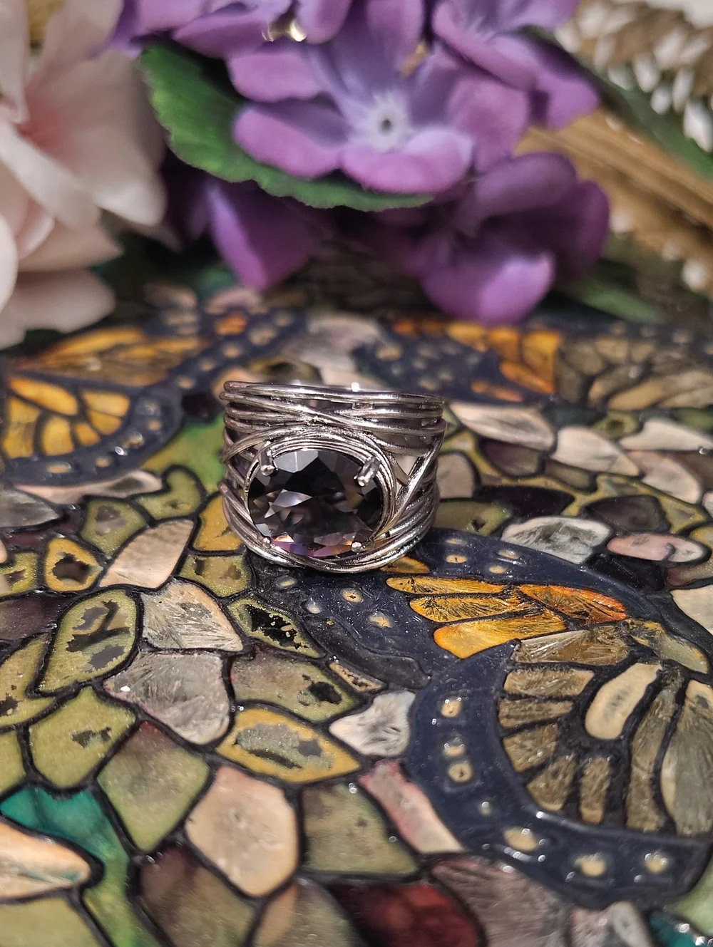 Amethyst Glass Stone Silver Boho Fashion Ring - Size 8